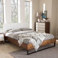 Baxton Studio BBT6652-White-King Mitchell Rustic Industrial Walnut Wood White Faux Leather Dark Bronze Metal King Size Platform Bed